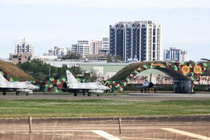 Two Taiwanese Air Force Mirage 2000 fighter jets prepare to take off at an air force base in northwestern Taiwan's Hsinchu on December 10.