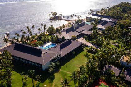 This photo shows an aerial view of the five-star Warwick Fiji resort on the Coral Coast, about 70 kilometers west of capital city Suva, on December 16, 2024.