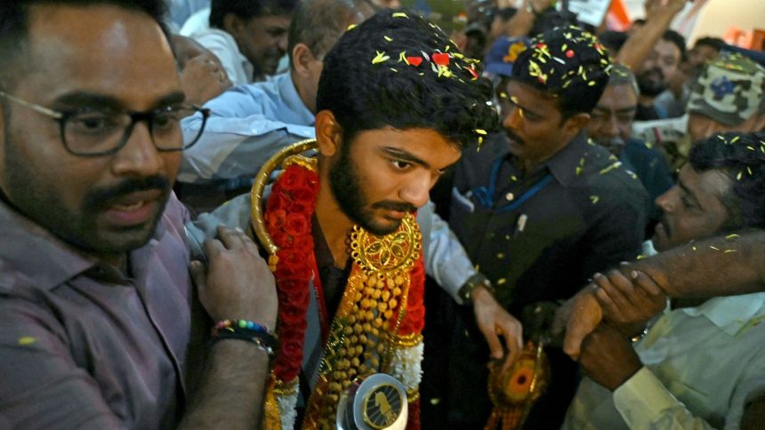 Gukesh Dommaraju is welcomed home upon his arrival at the Chennai International Airport on December 16 after his win at the FIDE World Chess Championship in Singapore.