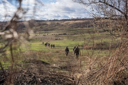 Ukrainian servicemen are seen on a training exercise near the city of Pokrovsk on December 18, 2024.