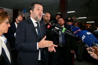 Italy's Deputy Prime Minister Matteo Salvini (C), flanked by his Italian lawyer Giulia Bongiorno (L), addresses media at the Bunker Courtroom of the Pagliarelli prison in Palermo, on December 20, 2024.