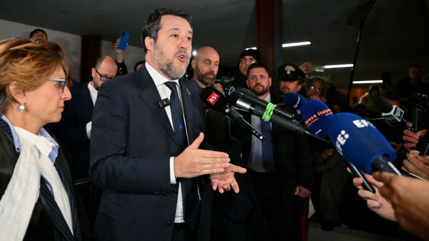 Italy's Deputy Prime Minister Matteo Salvini (C), flanked by his Italian lawyer Giulia Bongiorno (L), addresses media at the Bunker Courtroom of the Pagliarelli prison in Palermo, on December 20, 2024.