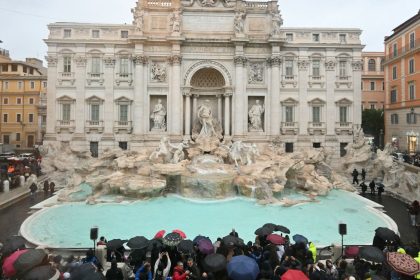 A general view shows the Trevi fountain after renovation works in Rome, on the day of its reopening, on December 22, 2024.