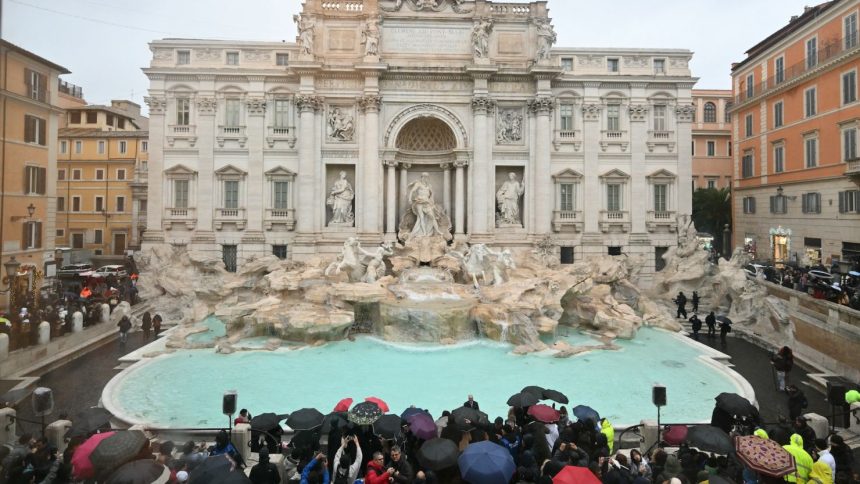 A general view shows the Trevi fountain after renovation works in Rome, on the day of its reopening, on December 22, 2024.