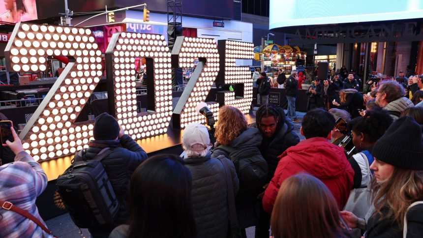 The 2025 New Year’s Eve numerals are seen on display in Times Square on December 18, 2024 in New York City.