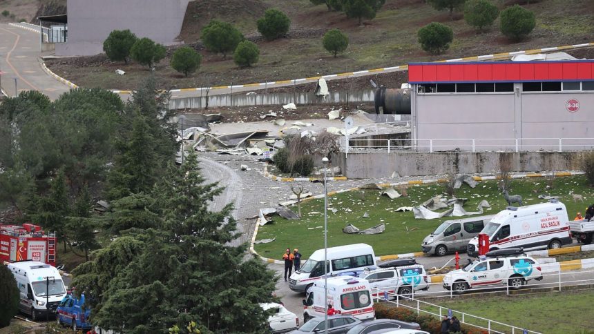 BALIKESIR, TURKIYE - DECEMBER 24: A view of the factory producing explosives in Karesi district of Balikesir, Turkiye, where an explosion and collapse have reportedly resulted in 12 deaths and 5 injuries on December 24, 2024. According to Balikesir Governor Ismail Ustaoglu, the blast occurred in the capsule production section of the factory, located in the rural Kavakli neighborhood of Karesi district, for reasons yet to be determined. The explosion caused the building to collapse, he added. (Photo by Fatih Capkin/Anadolu via Getty Images)