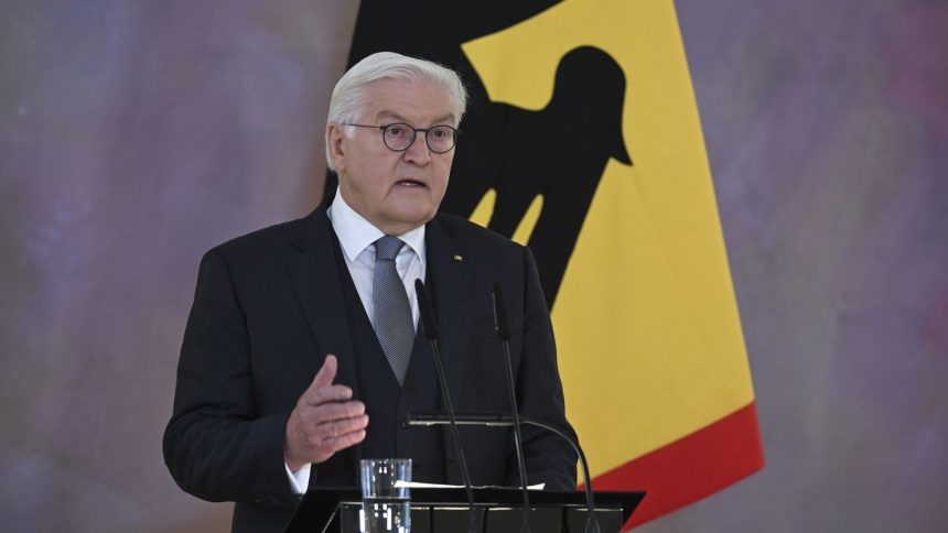 BERLIN, GERMANY - DECEMBER 27: German President Frank-Walter Steinmeier makes a speech during a press conference at the Bellevue Palace in Berlin, Germany on December 27, 2024. Steinmeier announced his decision to dissolve the German parliament (Bundestag) and set Feb. 23 as the date for new general elections. (Photo by Halil Sagirkaya/Anadolu via Getty Images)