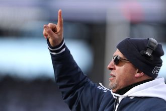 STATE COLLEGE, PENNSYLVANIA - DECEMBER 21: Head coach James Franklin of the Penn State Nittany Lions reacts during the first quarter against the Southern Methodist Mustangs in the Playoff First Round Game at Beaver Stadium on December 21, 2024 in State College, Pennsylvania. (Photo by Scott Taetsch/Getty Images)