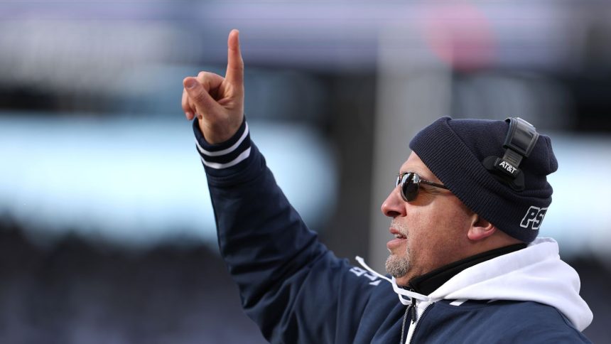 STATE COLLEGE, PENNSYLVANIA - DECEMBER 21: Head coach James Franklin of the Penn State Nittany Lions reacts during the first quarter against the Southern Methodist Mustangs in the Playoff First Round Game at Beaver Stadium on December 21, 2024 in State College, Pennsylvania. (Photo by Scott Taetsch/Getty Images)