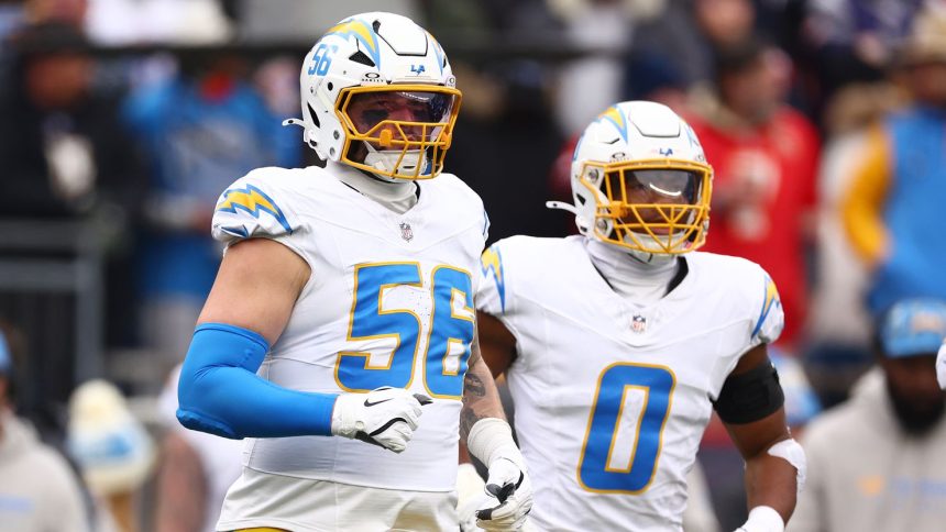 FOXBOROUGH, MASSACHUSETTS - DECEMBER 28: Morgan Fox #56 of the Los Angeles Chargers looks on during the game against the New England Patriots at Gillette Stadium on December 28, 2024 in Foxborough, Massachusetts. (Photo by Maddie Meyer/Getty Images)