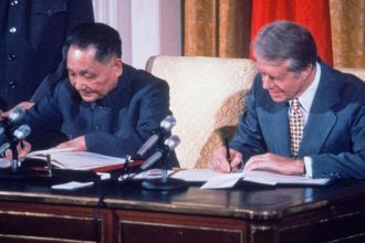 Chinese leader Deng Xiaoping and US President Jimmy Carter sign an agreement for cooperation between China and the United States on science and technology in Washington DC in January 1979.