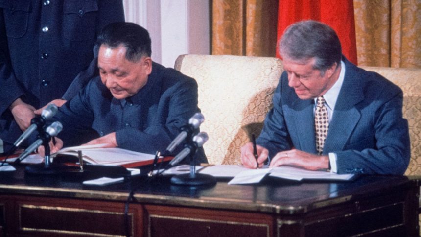 Chinese leader Deng Xiaoping and US President Jimmy Carter sign an agreement for cooperation between China and the United States on science and technology in Washington DC in January 1979.