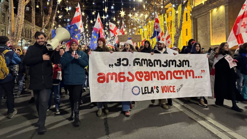 Georgians protest in Tbilisi on Saturday night.