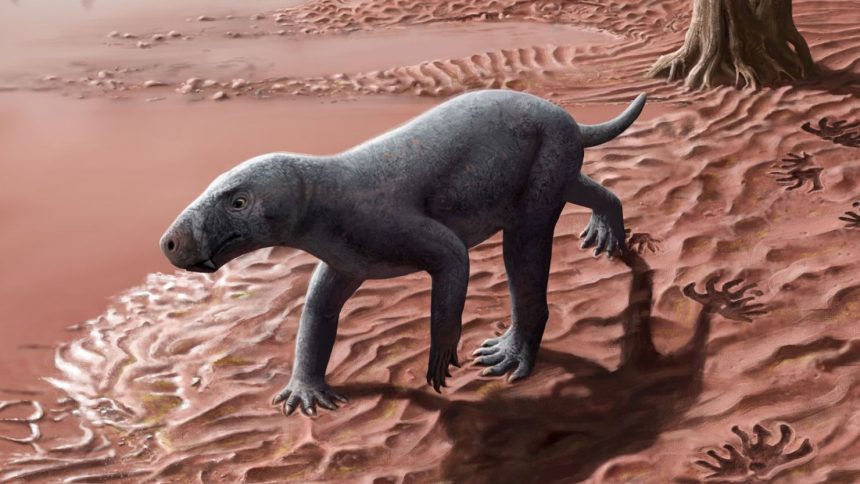 An artist's illustration depicts a gorgonopsian, a distant saber-toothed relative of mammals and dominant land predator that vanished 252 million years ago.