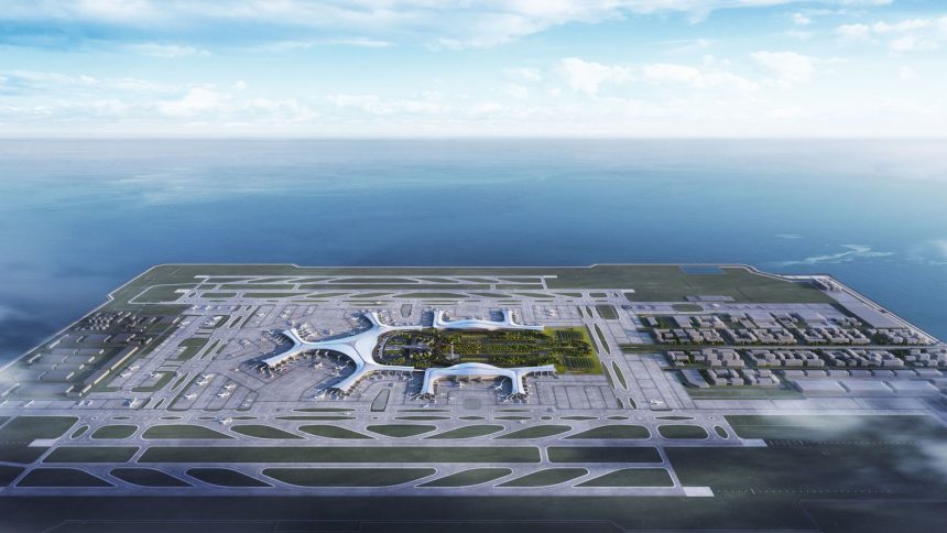 An artist's rendering of the Dalian Jinzhou Bay International Airport.