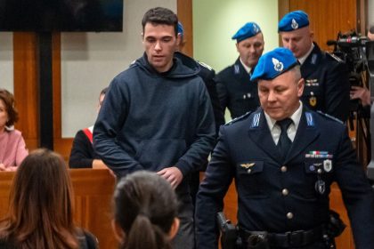 Filippo Turetta enters the court in Venice before the murder verdict was read out on Tuesday.