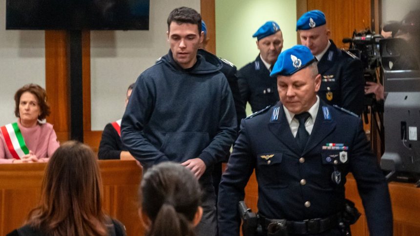 Filippo Turetta enters the court in Venice before the murder verdict was read out on Tuesday.