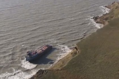 A damaged Russian oil tanker is seen in the Kerch Strait on Russia's Black Sea coastline on Monday.