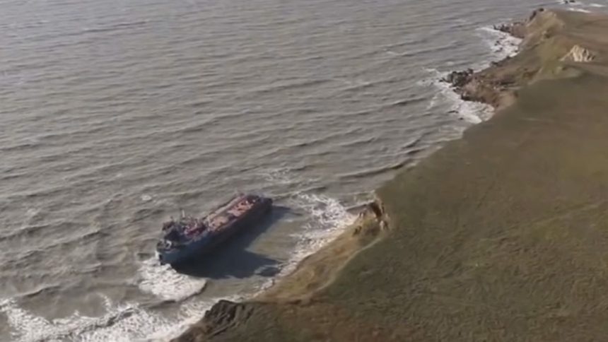 A damaged Russian oil tanker is seen in the Kerch Strait on Russia's Black Sea coastline on Monday.