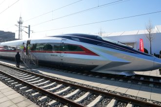 The CR450AF bullet train prototype shown on a track in Beijing.