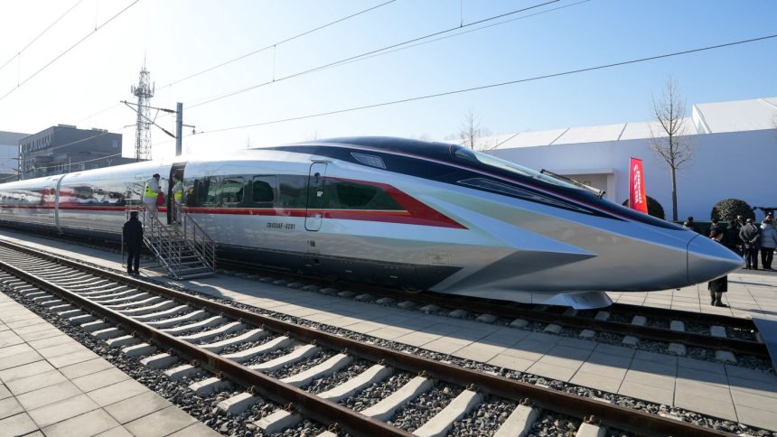 The CR450AF bullet train prototype shown on a track in Beijing.