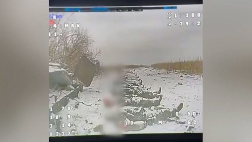 Video posted by a Ukrainian frontline drone unit purported to show the bodies of more than 20 North Korean soldiers lined up in an icy field.