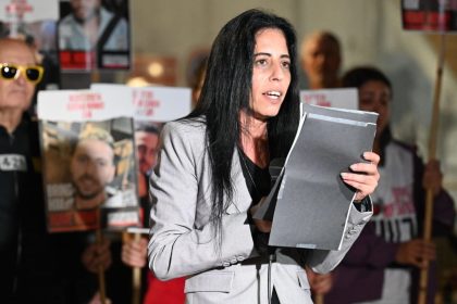 Einav Zangauker, the mother of hostage Matan Zangauker, tells her son to "stay strong" at a Tel Aviv hostage rally after seeing a new Hamas video of him on December 7, 2024.