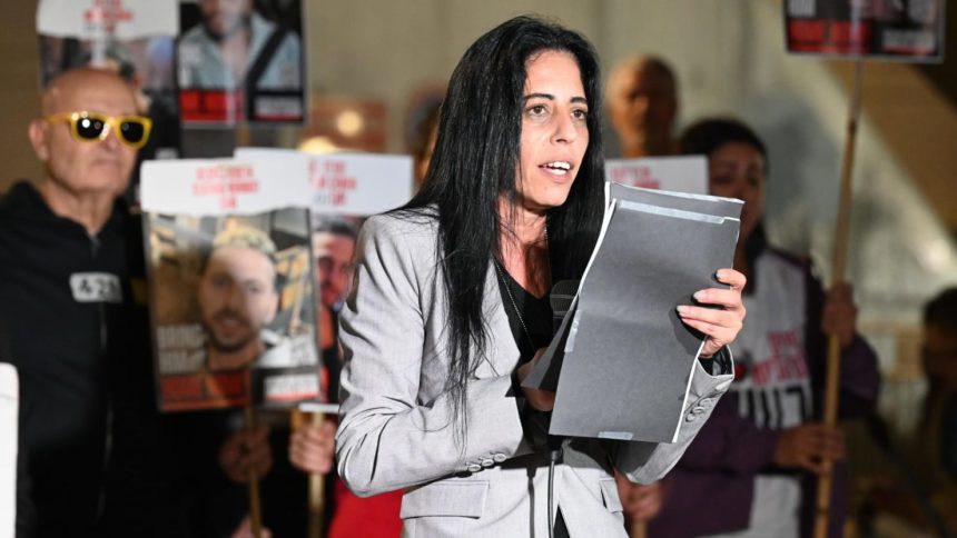 Einav Zangauker, the mother of hostage Matan Zangauker, tells her son to "stay strong" at a Tel Aviv hostage rally after seeing a new Hamas video of him on December 7, 2024.