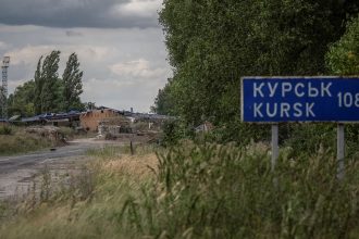 A crossing point into Kursk on the Ukrainian border with Russia. Kyiv's troops launched an incursion into the territory last summer.