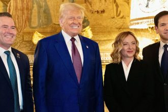 Italian Prime Minister Giorgia Meloni met with President-elect Donald Trump (center), accompanied by Sen. Marco Rubio (right) and Rep. Michael Waltz (left) at Mar-a-Lago in Palm Beach, Florida, on Saturday.