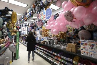 Helium filled balloons decorate the wall of a Party City retail store in the Queens borough of New York City, NY, on January 8, 2022.