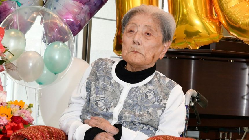 Tomiko Itooka celebrating her 116th birthday at the nursing home she lived at in Ashiya, western Japan.