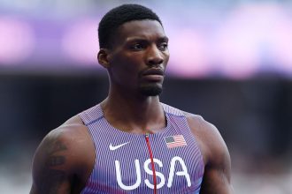 PARIS, FRANCE - AUGUST 08: Fred Kerley of Team United States looks on prior to the Men's 4 x 100m Relay on day thirteen of the Olympic Games Paris 2024 at Stade de France on August 08, 2024 in Paris, France. (Photo by Hannah Peters/Getty Images)