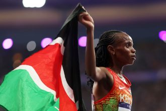 Beatrice Chebet celebrating after winning 10,000m gold at the Paris Olympics earlier this year.