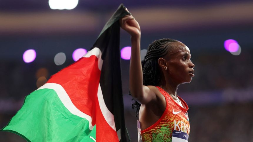 Beatrice Chebet celebrating after winning 10,000m gold at the Paris Olympics earlier this year.