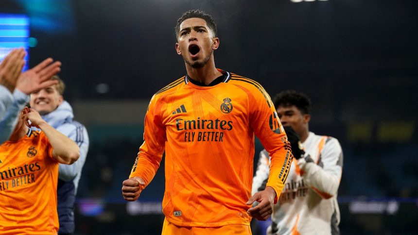 Real Madrid's Jude Bellingham celebrates scoring a last-minute winner against Manchester City.