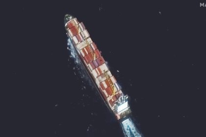 Satellite imagery shows the Golbon container ship, carrying sodium perchlorate, off the coast of Iran.