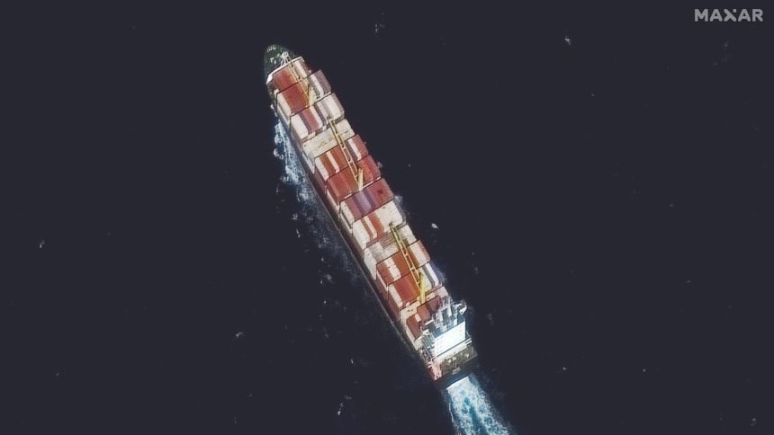 Satellite imagery shows the Golbon container ship, carrying sodium perchlorate, off the coast of Iran.