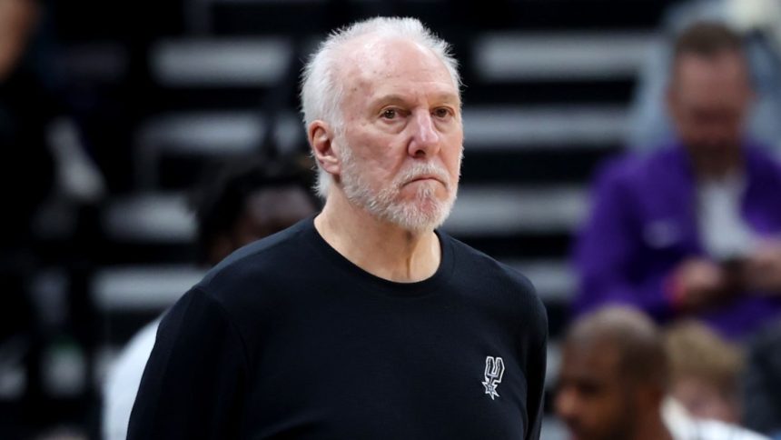 San Antonio Spurs head coach Gregg Popovich looks on during his last game on the sideline -- a game against the Utah Jazz on October 31, 2024.