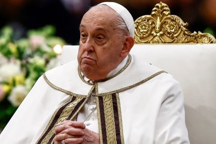 Pope Francis looks on, on the day he leads the Vespers prayer service to celebrate the conversion of St. Paul, at the Basilica of Saint Paul Outside the Walls, in Rome, Italy, on January 25.