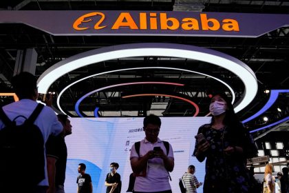 An Alibaba Group sign is seen at the World Artificial Intelligence Conference in Shanghai, China, on  July 6, 2023.