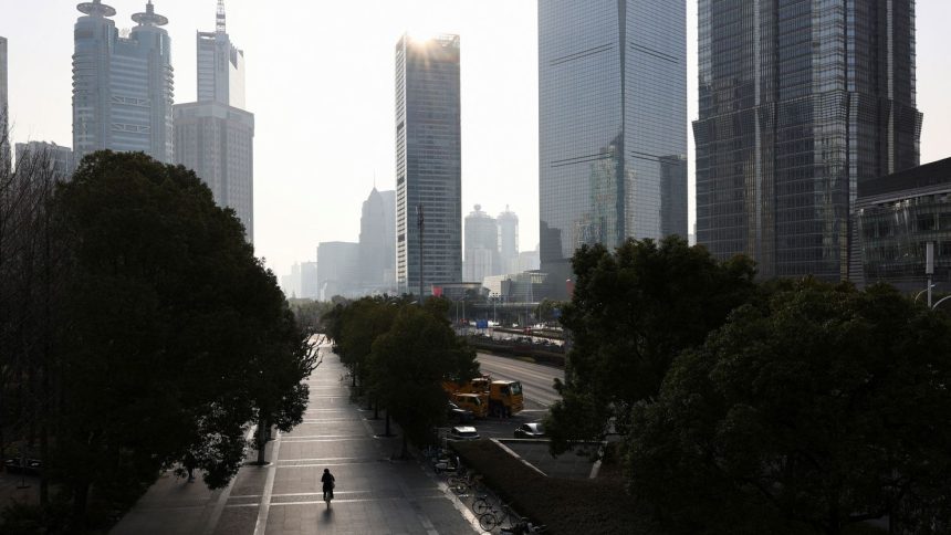 A person rides a bicycle in the Pudong financial district of Shanghai, China, on February 5, 2025.