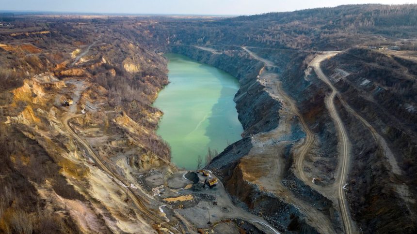 A drone view shows the open pit mine of Zavallievsky Graphite, amid Russia’s attack on Ukraine, in Zavallia, Ukraine, February 10, 2025.