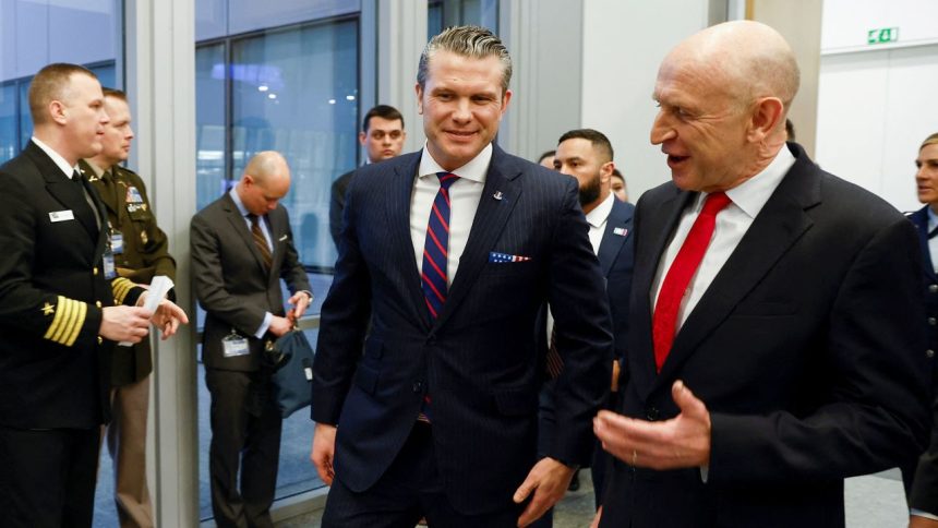 U.S. Defense Secretary Pete Hegseth meets with British Defence Secretary John Healey, on the eve of a NATO defence ministers' meeting at the alliance's headquarters in Brussels, Belgium February 12, 2025. REUTERS/Johanna Geron/Pool