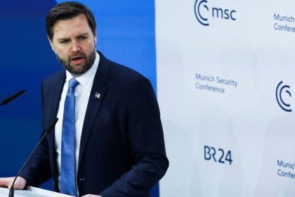 Vice President JD Vance gives a speech at the Munich Security Conference in Germany on February 14, 2025.