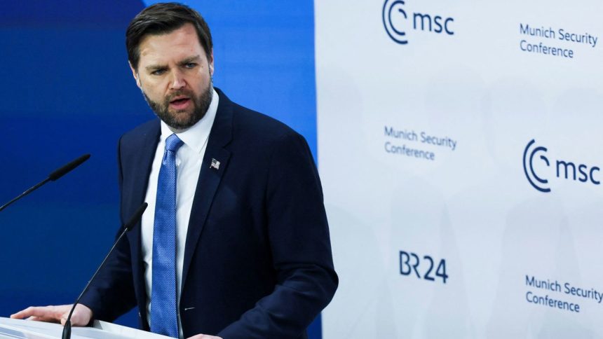 Vice President JD Vance gives a speech at the Munich Security Conference in Germany on February 14, 2025.