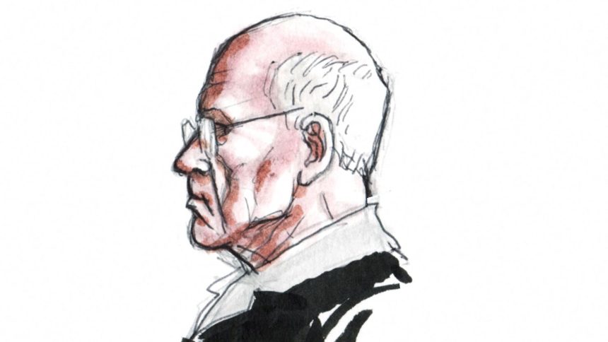 French ex-surgeon Joel Le Scouarnec, accused of the aggravated rape and sexual assault against hundreds of children during three decades, is seen in this courtroom sketch during his March 2020 trial at the courthouse in Saintes, France.