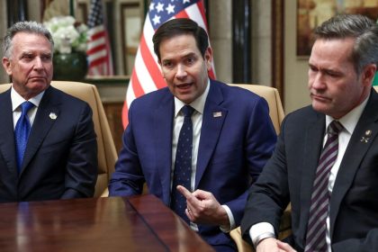 U.S. Secretary of State Marco Rubio, U.S. National Security Advisor Mike Waltz and U.S. Middle East envoy Steve Witkoff attend an interview after meeting with Russian Foreign Minister Sergei Lavrov and Russian President Vladimir Putin's foreign policy advisor Yuri Ushakov, at Diriyah Palace, in Riyadh, Saudi Arabia, February 18, 2025. REUTERS/Evelyn Hockstein/Pool