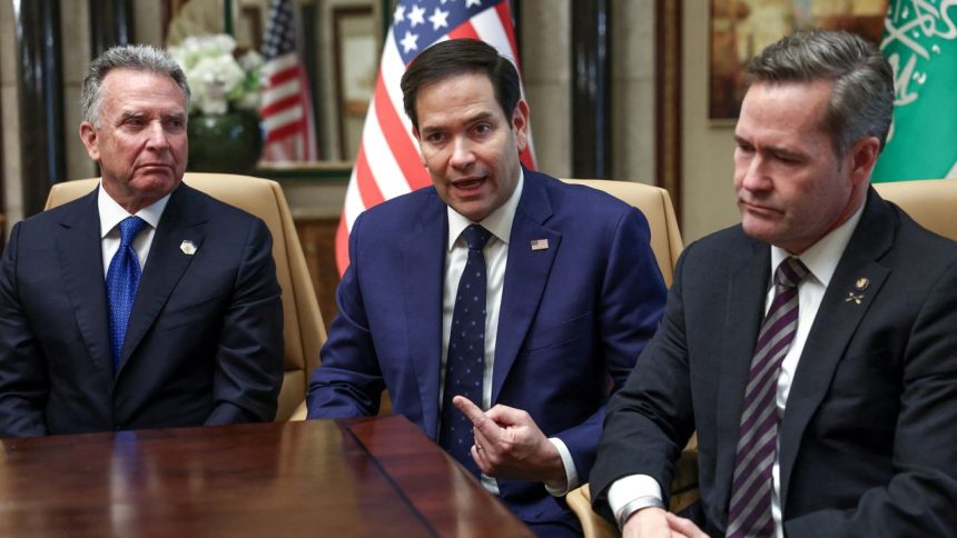 U.S. Secretary of State Marco Rubio, U.S. National Security Advisor Mike Waltz and U.S. Middle East envoy Steve Witkoff attend an interview after meeting with Russian Foreign Minister Sergei Lavrov and Russian President Vladimir Putin's foreign policy advisor Yuri Ushakov, at Diriyah Palace, in Riyadh, Saudi Arabia, February 18, 2025. REUTERS/Evelyn Hockstein/Pool