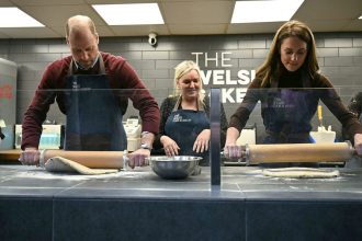 The royals prepare their Welsh cakes, watched over by Theresa Connor, owner of The Welsh Cake Shop.